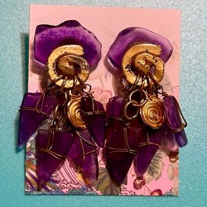 Purple and Gold Statement Dangle Pierced Earrings